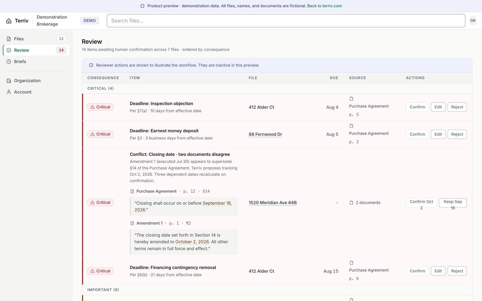The Terriv review queue, listing items awaiting human confirmation with the document and page each came from.